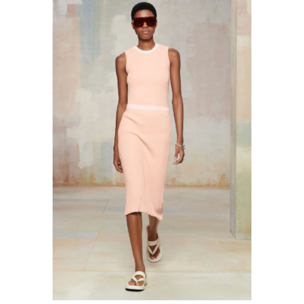 NWT Zara Srpls Peach White Layered Midi Skirt Ribbed High Waist Knit Sz L